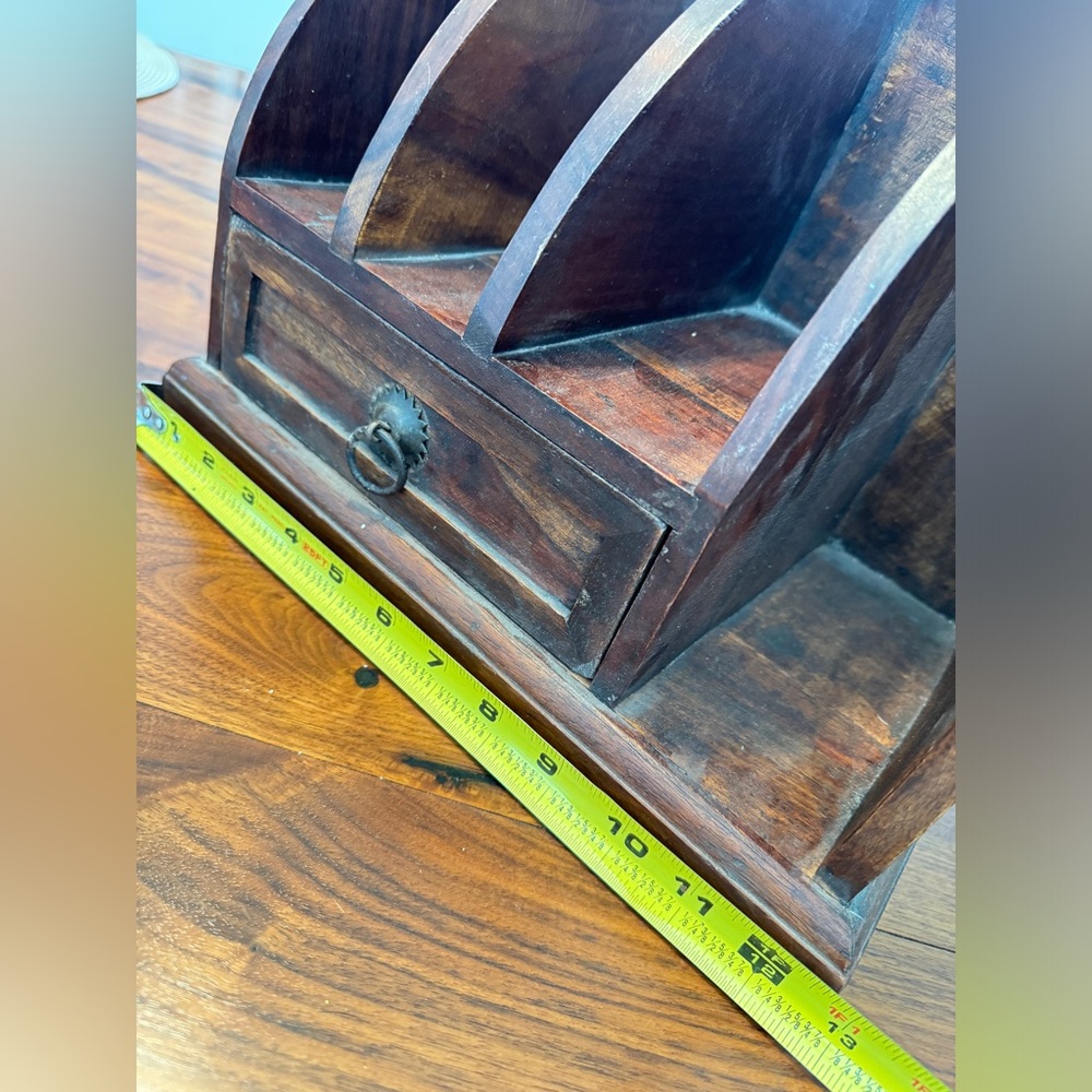 VINTAGE OLD RARE HANDMADE WOODEN LETTER / CARD RACK HOLDER WITH DRAWER 12.75” - Picture 11 of 13